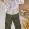 Conjunto Infantil Menino Camisa Luxo Infantil menino Branca detalhe bege gravata Borboleta e Calça Sarja verde Premium